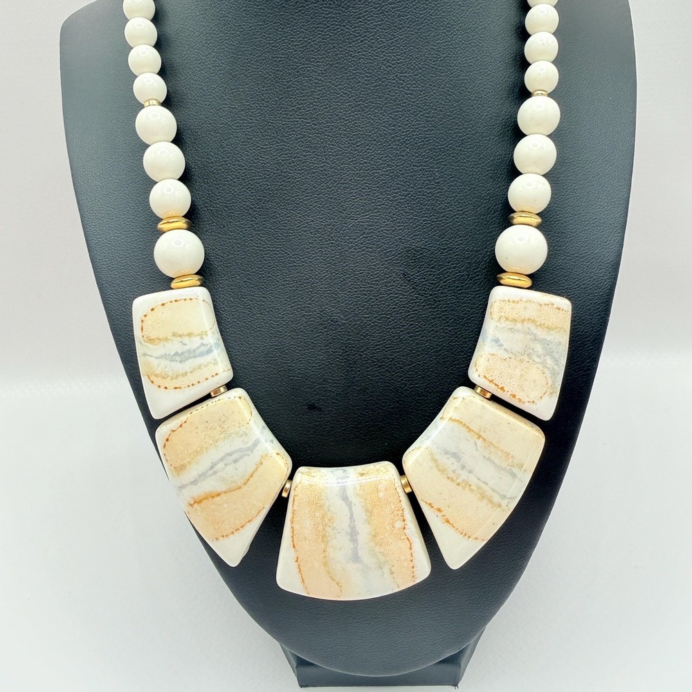 Vintage 17" 1980s Ceramic Porcelain Cream and Silver Tone Art Bead Drop Necklace